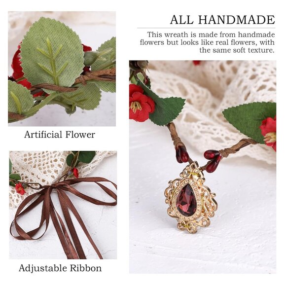 Red Flower Crown Headband Fairy Elf Circlet Renaissance Cosplay Halloween - Picture 6 of 7